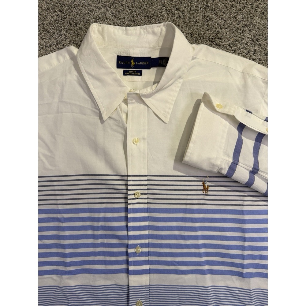 Polo Ralph Lauren Slim Fit 2XL Stretch Oxford White Purple Stripe Shirt Stripe